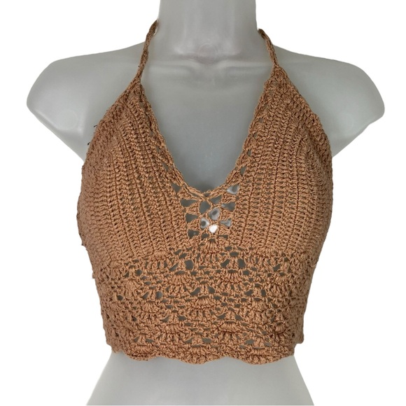 Lakhays Collection Los Angeles Beige Brown Crochet Knit Halter Tie Top Hand Made - Picture 1 of 5